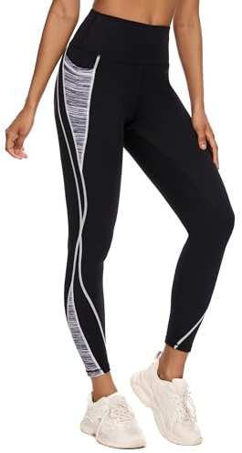 Flatik Sport leggings dam med fickor, dam ogenomskinliga leggings dam, joggingbyxor dam träningsbyxor löpande leggings, Svart/grå vit, M