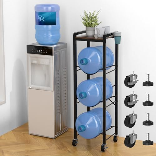 NEYCIL 5 Gallon Water Jug Holder, Heavy Duty Water Jug Stand with Lockable Wheels, 3-Tier Water Jug Rack With Wooden Tabletop for Home, Office, Kitchen, Restaurant