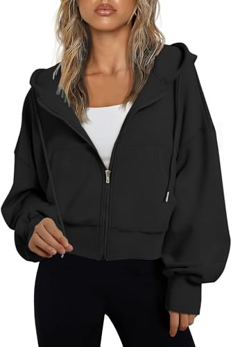 Jhsnjnr Womens Long Sleeve Cropped Hoodie Drawstring Casual Jackets Lightweight Sport Full Zip Up Sweatshirts Black