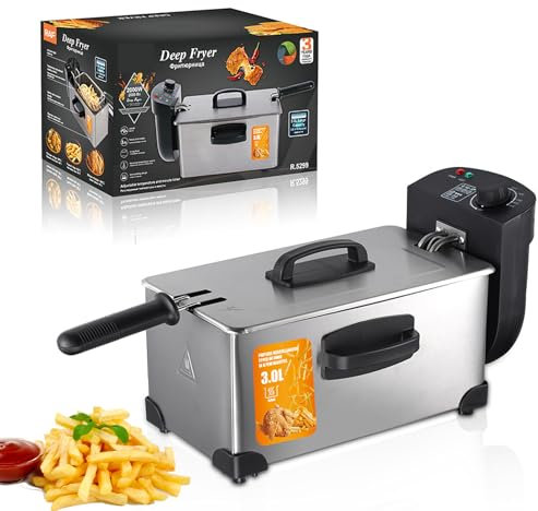 HYQNG Freidora eléctrica de 3 litros con Cesta y Tapas, freidora pequeña de 2200 W, fácil de Limpiar, Temperatura Ajustable de 130-190 °C, freidora de Aceite para Pollo Frito, Patatas Fritas