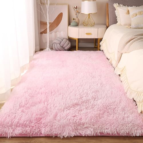 XUEDNGM Shaggy Hochflor Teppich Fellteppich 215 x 225 cm Weicher Hochflorteppich Teppiche Fürs Schlafzimmer Anti-Rutsch, Flauschig, Weich, Waschbar, Langflor für Wohn Schlafzimmer, rosa weiß