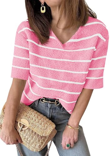 Saodimallsu T-shirt d'été à manches courtes pour femme, avec col en V, tenue décontractée rayée, Rose, L