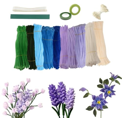 Pfeifenreiniger Blumen Set, Kornblume Tulpe Lavendel Strauß, 500 Stück 10 Farben Pfeifenputzer zum Basteln, mit Klebeband, Schleifenband, Blumen Staubblatt, Blumendraht für Blumenstrauß DIY