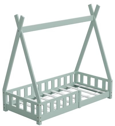 HAGO24 | Kinderbett | 160x80cm Mint | Tipi Bettgestell | Holzhaus | Zeltoptik | Rausfallschutz | Lattenrost | Kiefernholz | Montessori | Spielbett | Natur | dekorierbar