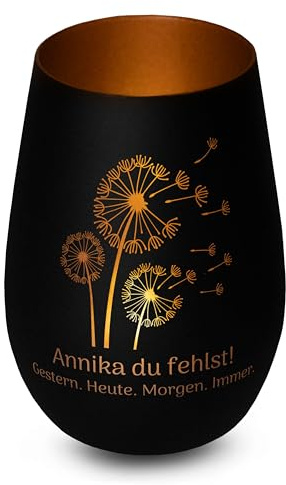 Elegantes personalisiertes Windlicht aus Glas in Schwarz-Bronze Pusteblume Gedenklicht für Verstorbene mit Gravur, Geschenk für Trauernde - Trauerlicht personalisiert mit Namen