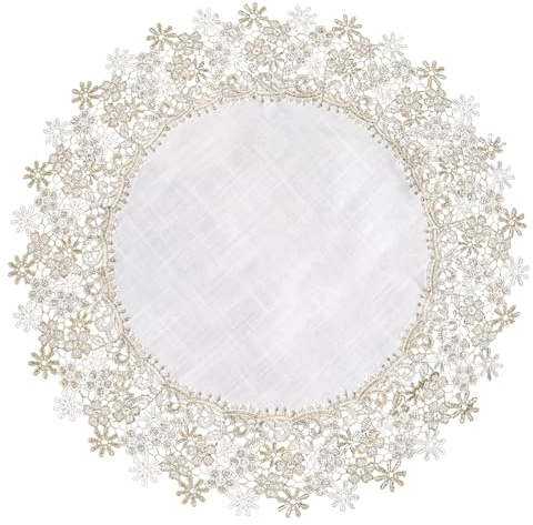 URROMA Runde Deckchen aus Leinen, mit Blumenmotiv, mit Spitzenbesatz, Couchtischaufsatz, Tischdecke für Esszimmer, Küche, 60 x 60 cm, Weiß