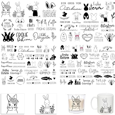 FloraVigo Easy Rub On Sticker, easy rub aufkleber ca.A5 19x14cm-Spruch Deko zum Geburtstag, Keraflott, Hochzeit, Zuhause, Wischfolie für Möbel, Glas, Holz, Fotoalbum, DIY Deko(4PCS) (Ostern 1)