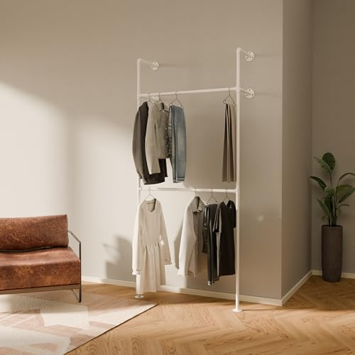 pamo Barra Appendiabiti da Parete in stile industriale – 105x222x32 cm – guardaroba aperto o porta abiti bianco con tubi d’acqua per casa e per camera da letto