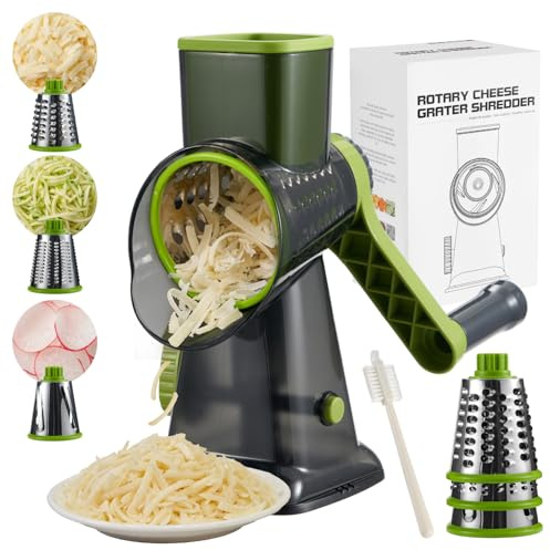 ALEXPHY Rotary Cheese Grater hand crank 3 blades with Stronger Suction Base | Stainless Steel Blades for Fruits, Vegetables, Nuts. Dishwasher Safe & Easy to Clean, Transparent Black & Green