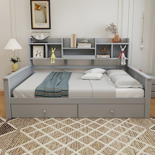Daybett Einzelbett Bett 90x200 cm, Tagesbett mit Stauraum Schubladen & Regale & Bücherregal, Kinderbett Holzbett Jugendbett Stauraumbett Funktionsbett, Bettgestell mit Lattenrost, Ohne Matratze, Grau