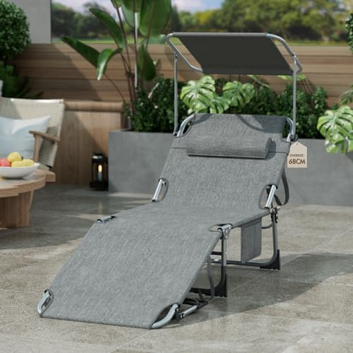 arvioo Sonnenliege, Dein Sommerbegleiter, Klappbare Gartenliege mit Dach & Kopfstütze & Seitentasche & Trageschlaufen, 4 Positionen, extra breit B68 x L194 x H30 cm, Liegestuhl aus Metall (Grau)