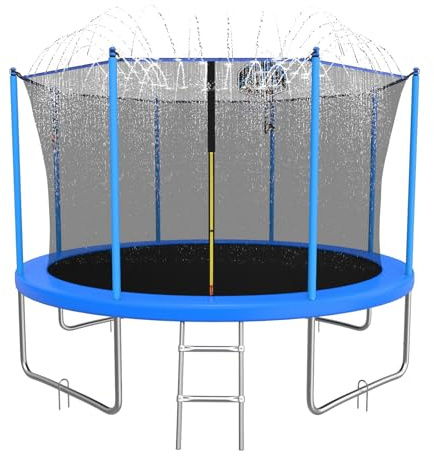 ACWARM HOME 12FT Outdoor Trampoline for Kids and Adults - Trampoline with Basketball Hoop & Sprinkler - Anti Rust - ASTM Approved - Blue