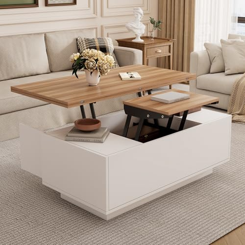 Soweiz Moderner Couchtisch mit Doppel-Hebemechanismus, couchtisch höhenverstellbar, Verstecktem Stauraum–Belastbar bis 50 kg, 100x50x55.5cm (Weiß + Holzfarbe)