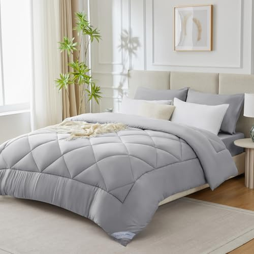 WAVVE Piumino una Piazza e Mezza Invernale 200x200 cm 450 gr/mq - Piumone Caldo da Letto 120x190, Trapunta 200 x 200 cm in Microfibra Sintetica, Grigio Leggero
