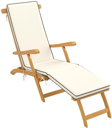 Outsunny Chaise longue de jardin pliable en bois avec repose-pieds, matelas, ergonomique, résistante aux intempéries, charge maximale : 160 kg, pour jardin, vacances, extérieur, plage, piscine, teck