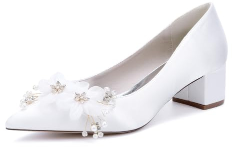 MINITOO Chaussures de Mariage Confortables pour Femme - Escarpins de soirée avec Fleurs, M347 Blanc, 38 EU