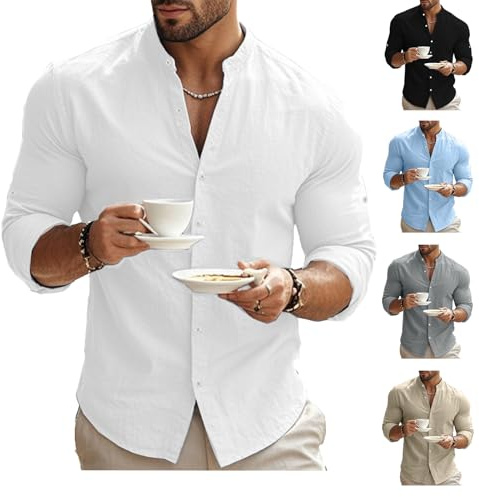 Men's Linen Shirts Grandad Collar Long Sleeve Summer Shirt for Men UK Button Down Tshirt Beach Holiday Outing Tops Adult Outing Causal Cardigan Collared Lightweight Hawaii T-Shirts S-3xl A-White