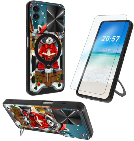 ETLKJVBL for iPhone 16 Plus Case, 360 Degree Rotating Ring-Shaped Kickstand, Slide Camera Lens Cover, Raccoon in Red Hood Reading Spaceship Shockproof Protective Phone Case