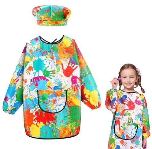 Axingqiwu Grembiule Pittura Bambini con Cappello Maniche Tasche Grandi, Grembiule Plastificato Impermeabile per la Scuola per Ragazzi Ragazze