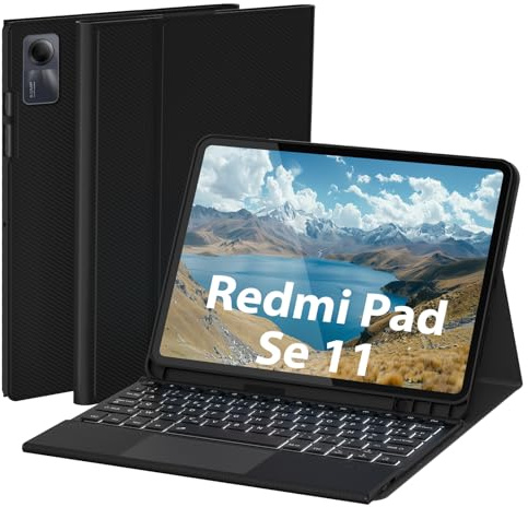 Doohoeek Étui Clavier pour Redmi Pad SE 11 Pouces, Bluetooth Clavier Détachable sans Fil avec Housse de Protection, Rétroéclairage 7 Couleurs, AZERTY, Noir