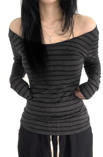 Off Shoulder Striped Tops for Women Long Sleeve Y2k Vintage Aesthetic Blouses Slim Striped Basic T-Shirt Tee Streetwear (Dark Gray, S)