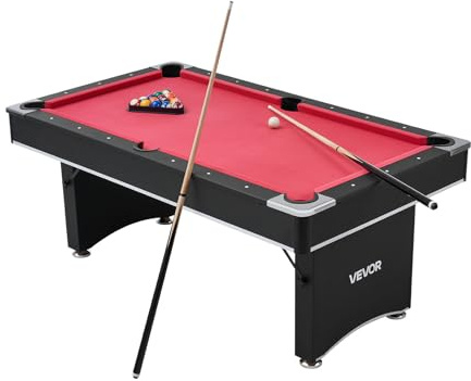 VEVOR Set Tavolo da Biliardo Pieghevole, 183 cm con Finitura in Legno, Portatile Tavolo da Gioco con Piedini Regolabili, Set Completo con Palline, Stecche, Rastrelliera, Gesso, Nero con Panno Rosso