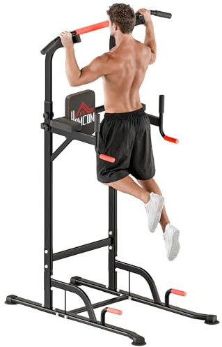 HOMCOM Power Tower Höhenverstellbar Dip Station, Klimmzugstange, Saugnäpfe | Gepolsterte Kraftstation, Freistehend, Multifunktionale Kraftturm, Fitness Trainingsgerät, Zuhause, Home Gym, Krafttraining