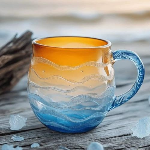 Tasse en verre de mer, tasse en résine avec poignée motif coucher de soleil sur le thème de, tasse à eau en résine avec poignée pour les amateurs de thé, bière, vin, lait, jus, vin et café
