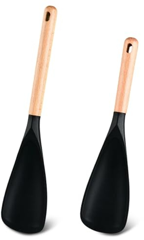 Silicone Spoons for Cooking - 2Pcs Silicone Spatula, Silicone Serving Spoons, Heat Resistant Non-Stick Spatula & Wooden Spoon Set, Heat Resistant Cooking Utensil Set with Wooden Handle