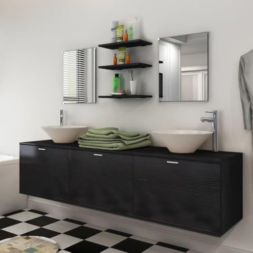 Runheo 10-TLG. Badmöbel-Set, Schwarz, mit Doppelwaschbecken, 2 Spiegeln, 2 Armaturen, Waschtischunterschrank, 3 Ablagen, Keramik, Holzwerkstoff