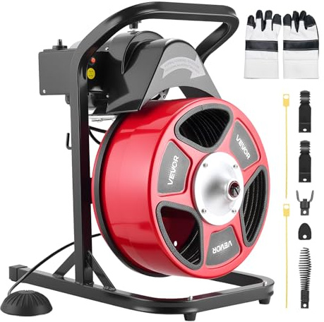 VEVOR Drain Cleaner Machine 50 FT x 1/2 Inch, Manual Feed Sewer Snake Auger with 4 Cutters & Air-Activated Foot Switch for 2 to 6 Pipes