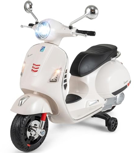COSTWAY Elektrisk Barnmotorcykel, Vespa 12 V Motorcykel med LED-Strålkastare och Tuta 2–3 km/h Elektrisk Barnmotorcykel med Stödhjul, Elfordon för Pojkar och Flickor från 3–6 År,Vit
