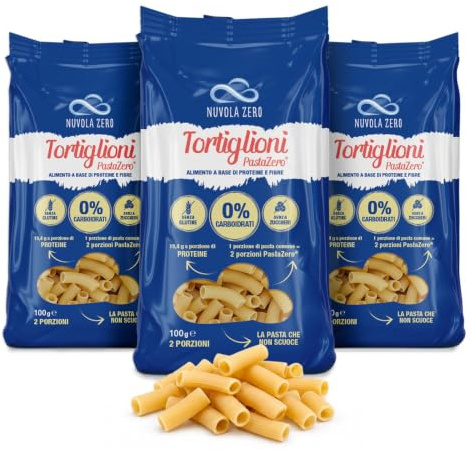 Nuvola Zero Tortiglioni Pasta Zero Carboidrati, Senza Glutine e Lattosio, Ricca di Fibre e Proteine, Pasta Keto 0 Zuccheri per dieta chetogenica e sportivi, 3 confezioni da 100g (300g totali)