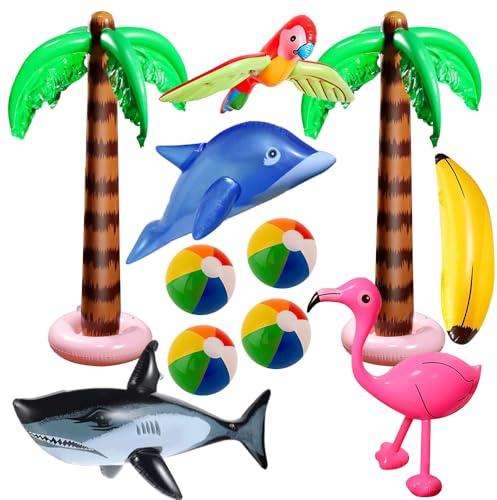 Lotvic 11 Pcs Inflatable Palm Tree Flamingo Parrot Dolphin Shark Banana Beach Balls, Summer Hawaiian Party Toys Set, Inflatable Pool Toys for Hawaiian Party Luau Party Decorations Backdrop