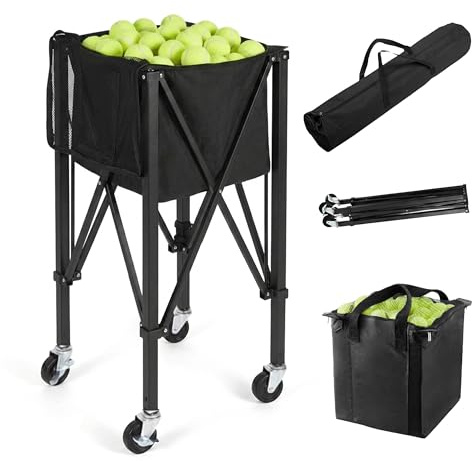 Relaxdays Carrello per Palline da Tennis, per 150 Palline da Tennis, con Ruote e Borsa, Pieghevole, 90 x 41 x 41 cm, Cestino da Tennis, Nero