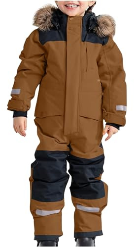Traje de Nieve para niños, Traje de esquí para niños, Mono térmico de esquí, Mono de Nieve cálido para Invierno, Traje de Invierno a Prueba de Viento con Capucha extraíble, Traje (Coffee, 3-4 Years)