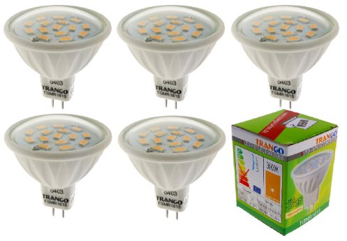 Trango 5er Set MR1615 LED Leuchtmittel 6 Watt 450 Lumen 12-Volt 3000K warmweiß mit MR16 I GU5.3 I G4 Fassung zum Austausch herkömmlicher Halogen Glühlampe, Reflektor Lampe, LED Birnen