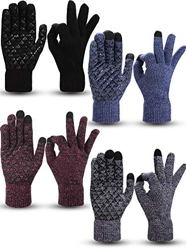SATINIOR 4 Pairs Winter Knit Touchscreen Gloves Warm Texting Gloves Elastic Anti-slip for Adults (Black, Black Red, Black White, Navy,M)