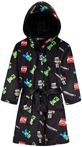 MINECRAFT Accappatoio Bambino Incappucciato Vestaglia in Pile con Tasche Creeper Abbigliamento da Casa Regalo Ragazzo (7-8 Anni, Nero)