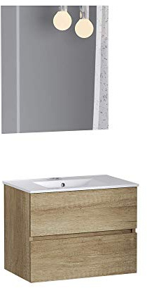 Baikal, Conjunto de baño Natura. Mueble de Baño de Fondo Reducido, con Lavabo cerámico. Distribución Dos Cajones. Mueble MONTADO. Dos Cajones con Espejo. Fondo 36cm 60 cm Nature
