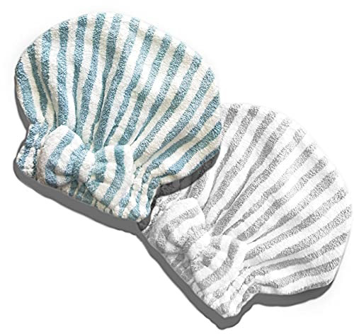 SportMore Mikrofaser-Haar-Handtuch-Kappe, weich, saugfähig, schnell trocknend, für lockiges, dickes Haar, Wickelkappe für Damen und Mädchen, Set mit 2 Stück (blau, weiß, grau, weiß)