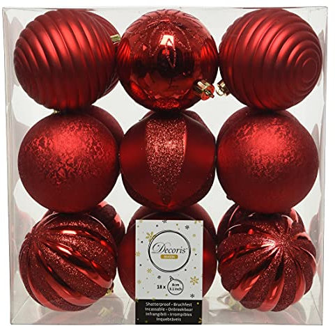 dekorativer bruchfester Kugelmix als 18er Set Weihnachtskugeln Baumkugeln bruchfest für innen und außen (weihnachtsrot)