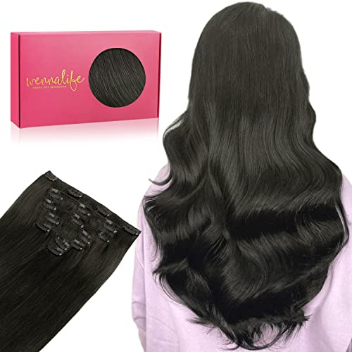 WENNALIFE Clip in Extensions Echthaar, 70g 7pcs 50cm Natürliches Schwarz Echthaar Remy Clip in Extensions Natürliche Haarverlängerung Echthaar