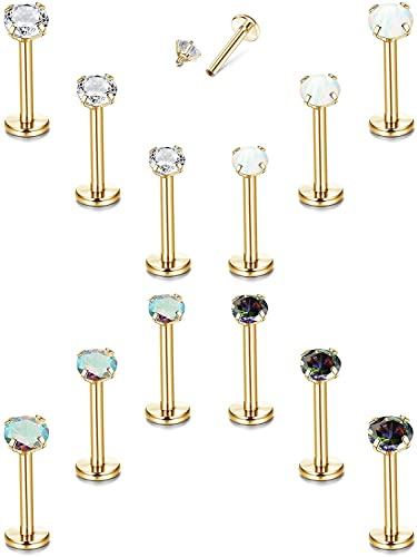 Milacolato 12Pcs 16G Helix Tragus Ohrstecker für Damen 316L Edelstahl Labret Lippen Stud Innengewinde Knorpel Gepflastert Klar CZ Opal Flache Rückseite Ohrringe Monroe Piercing Schmuck Set G6mm