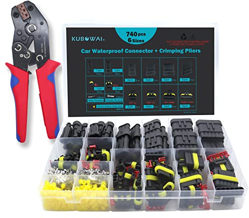 KUBOWAI Lot de 740 Connecteurs de Voiture Étanches Avec Pince à Sertir, Connecteur de Câble (1/2/3/4/5/6 broches) pour Voiture, Camion, Moto, Kayak