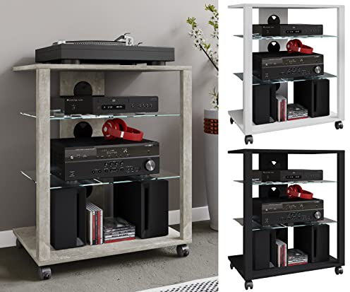 VCM HiFi Holz Möbel | Rack Schrank Phono Regal mit Rollen | 2 Glasböden | Maße: H. 70 x B. 60 x T. 41 cm | Phono Mediaregal - Folas Schwarz