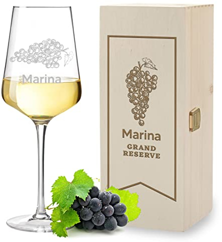 polar-effekt Leonardo Set cadeau verre à vin blanc 560 ml + coffret en bois avec gravure au choix - motif raisins - Personnalisé - Lavable en machine - do-it Yourself - vin rouge, vin blanc
