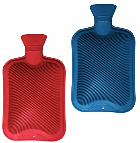 Hot Water Bottles | Pack of 2 Natural Rubber Hot Water Bottle 1 Litre | Red Cream Blue Hot Water Bag for Pain Relief Secure & Leakproof (Assorted Colours)
