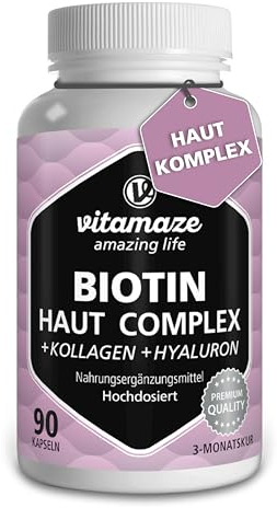Haut Komplex mit Biotin, Kollagen, Hyaluron, Q10 & Vitamin C, 90 Kapseln für 3 Monate, für Haut, Haare & Knochen, Nahrungsergänzung ohne Zusatzstoffe, Made in Germany