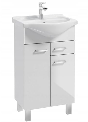 .Deftrans Domodomo Badezimmerschrank mit Waschbecken, 80 x 55 x 30 cm weißer Waschbeckenschrank, Keramik Waschbecken Set, Standschrank mit Schublade